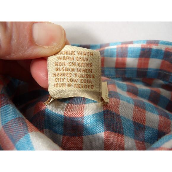 Jos A Bank Linen Shirt Mens Large Check Plaid Blue White Red Short Sleeve Casual - Picture 8 of 9